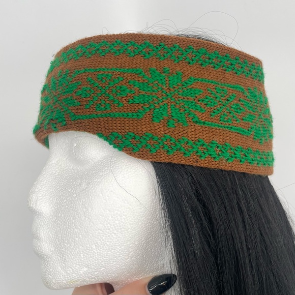 Vintage Classic Winter Snowflake Knit Wide Headband Brown & Green Ear Warmer - Picture 3 of 6